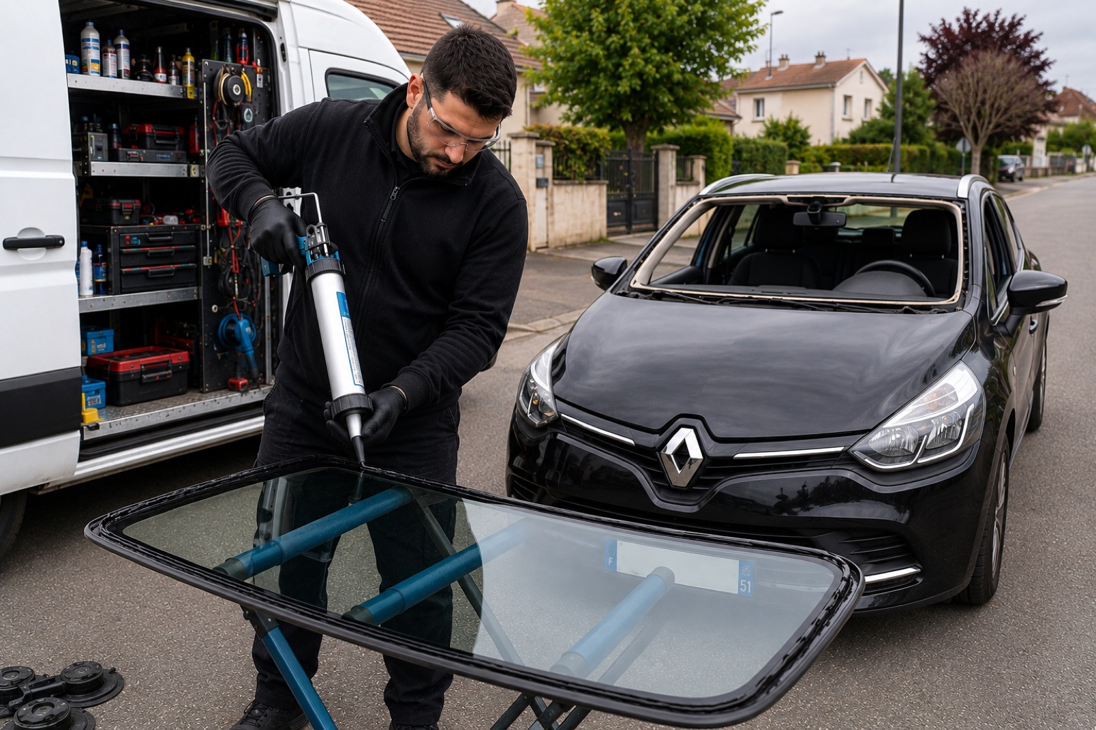 Poseur de vitrage automobile indépendant appliquant la colle polyuréthane sur un pare-brise avant installation pour un garage